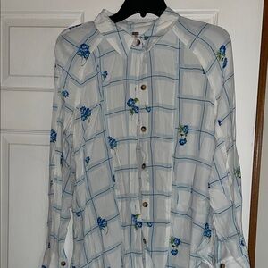 Free People Blue Floral Grid Blouse